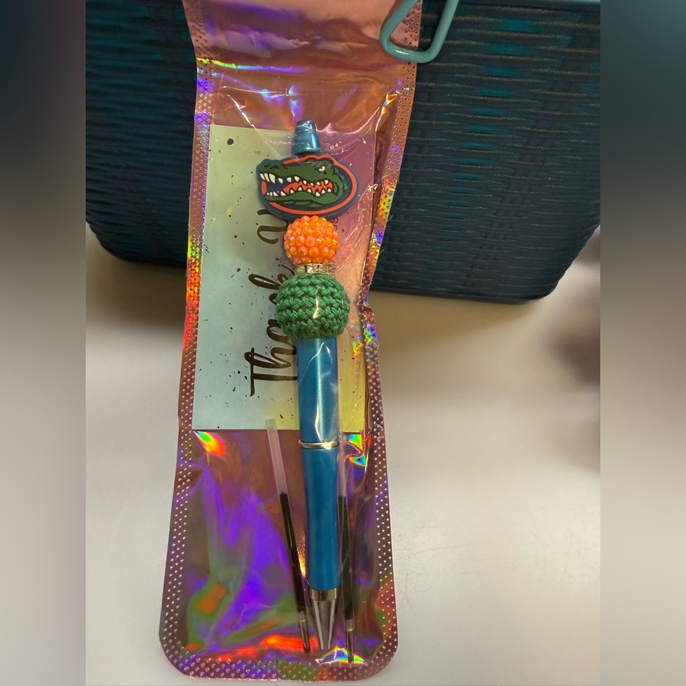 Beaded pen Florida Gator with Orange & Green Bead Charms